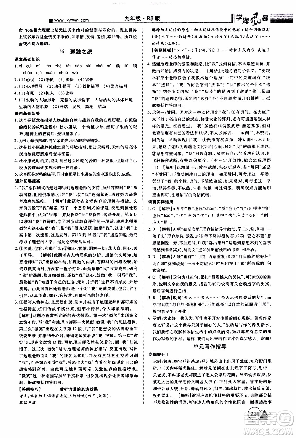 宇恒文化2019年學(xué)海風(fēng)暴初中同步系列語文九年級(jí)上冊(cè)RJ人教版參考答案