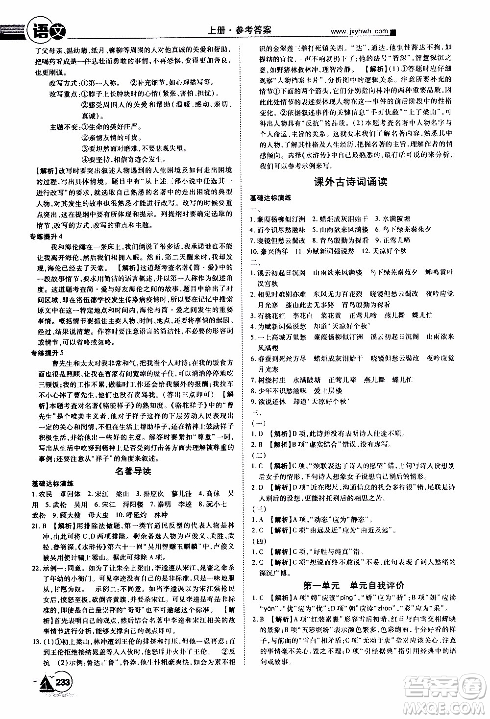 宇恒文化2019年學(xué)海風(fēng)暴初中同步系列語文九年級(jí)上冊(cè)RJ人教版參考答案