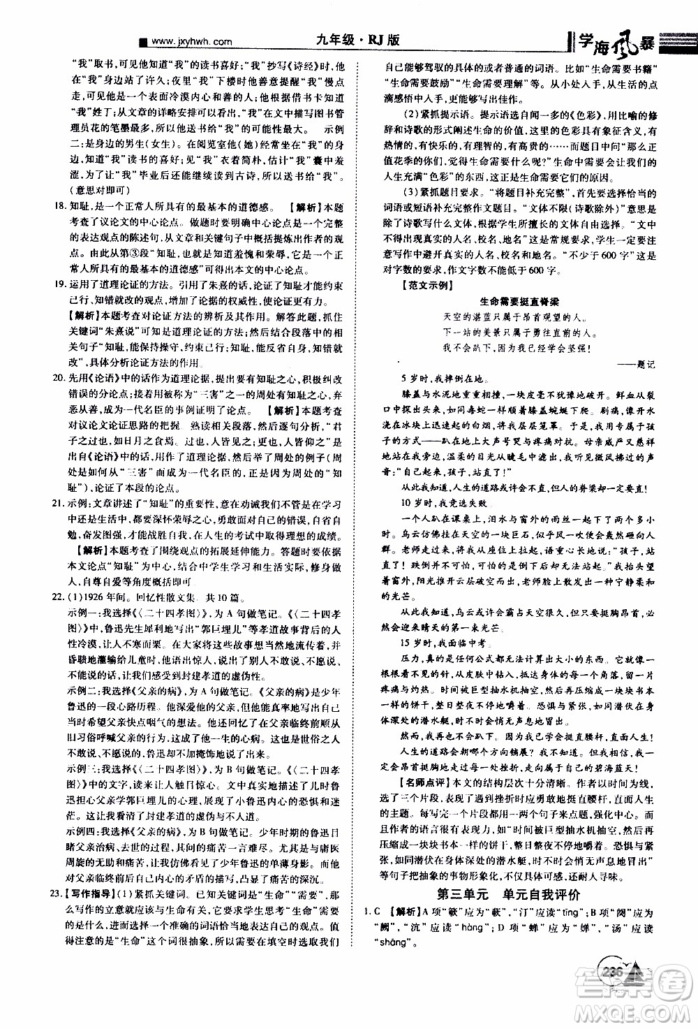 宇恒文化2019年學(xué)海風(fēng)暴初中同步系列語文九年級(jí)上冊(cè)RJ人教版參考答案