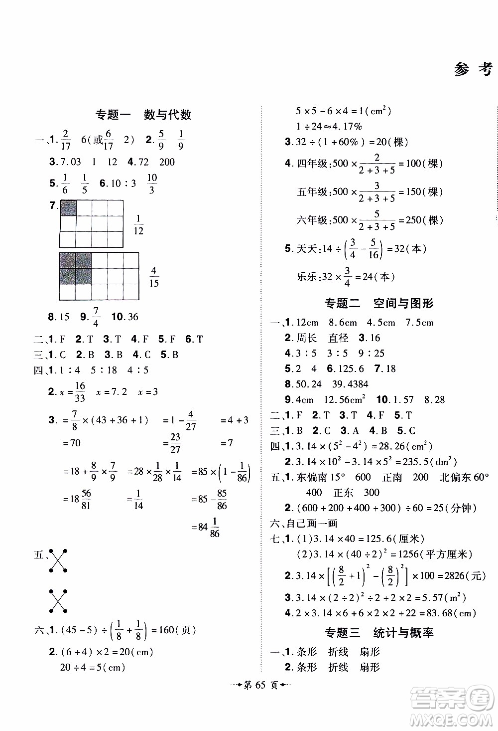 2019年魔力一卷數(shù)學(xué)六年級上冊RJ版人教版參考答案