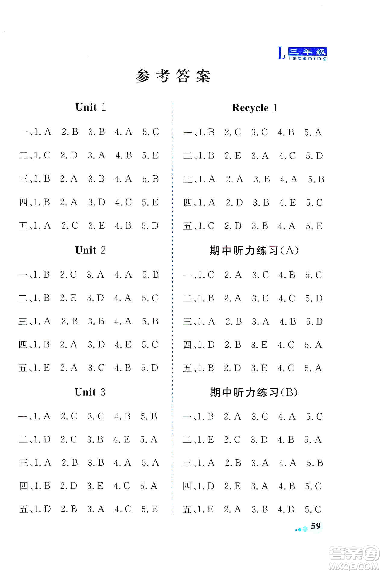 山東科學技術出版社2019英語同步聽力練習冊三年級上冊答案