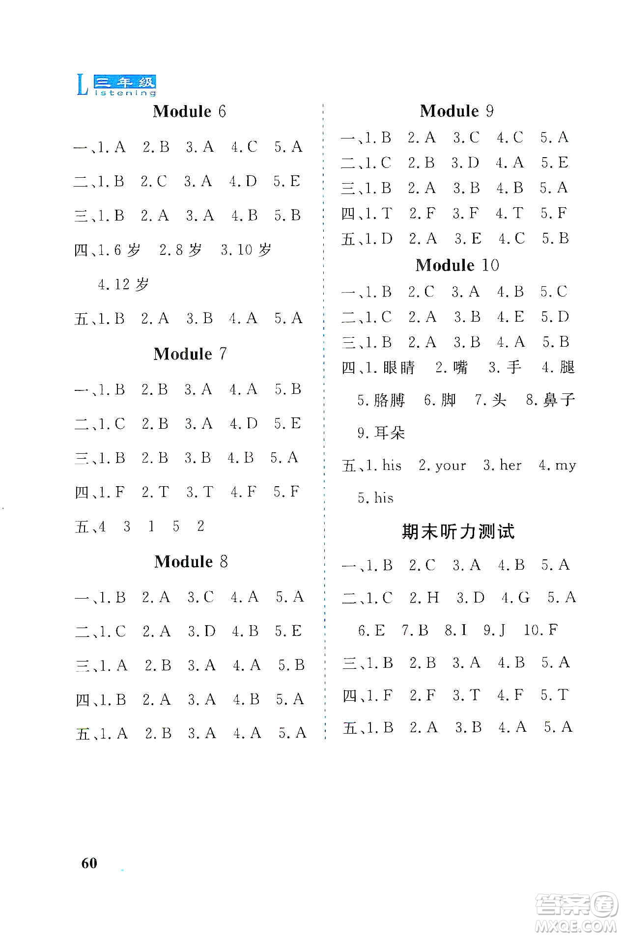 山東科學技術出版社2019英語同步聽力練習冊三年級上冊精編版答案