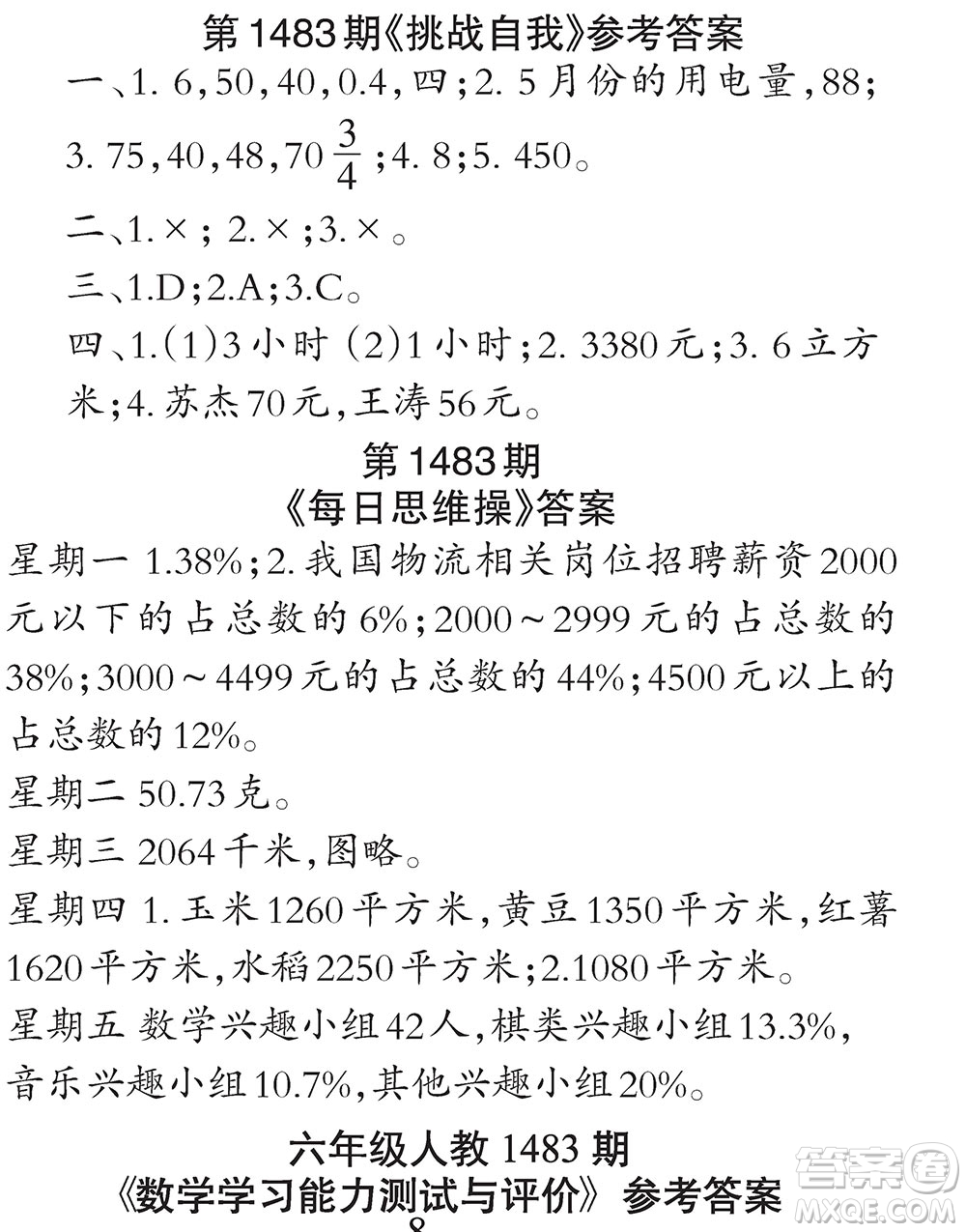 2019小學生數(shù)學報六年級第1483期答案