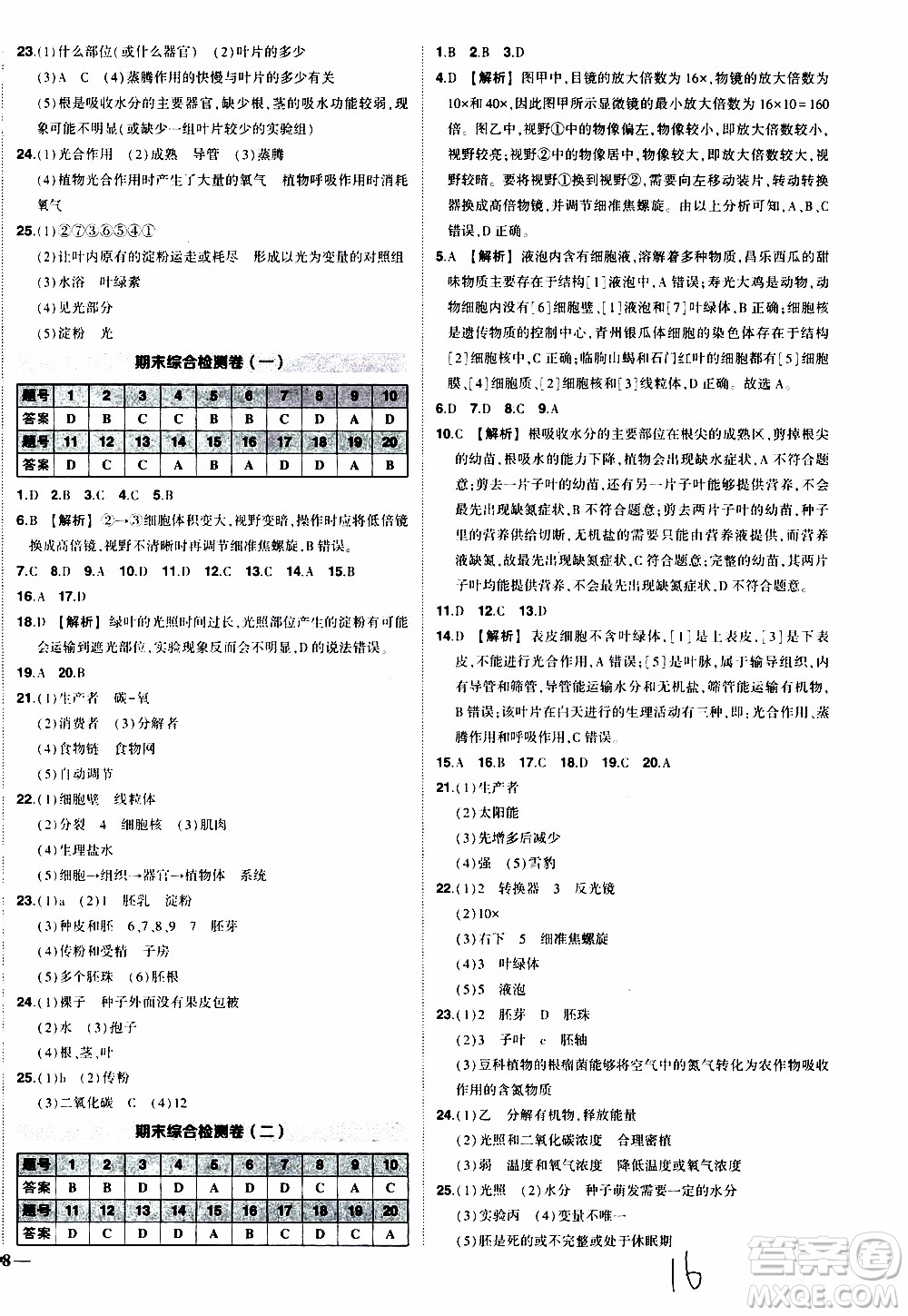 狀語成才路2019年?duì)钤獙?dǎo)練七年級上冊生物人教版參考答案