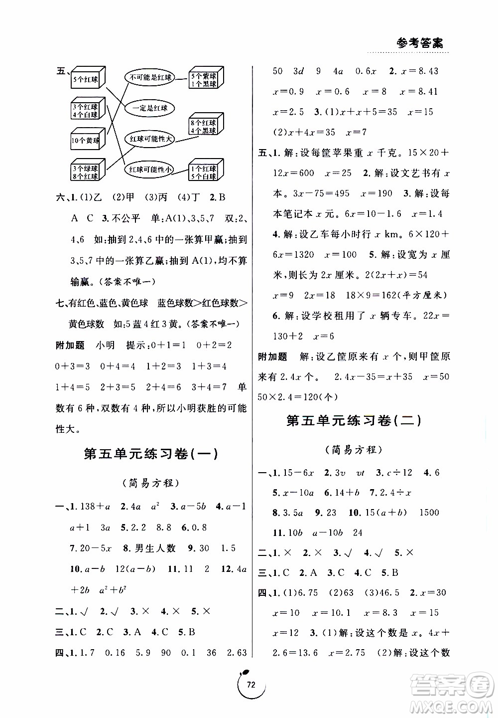 寧波出版社2019年浙江好卷數(shù)學五年級上冊RJ人教版參考答案