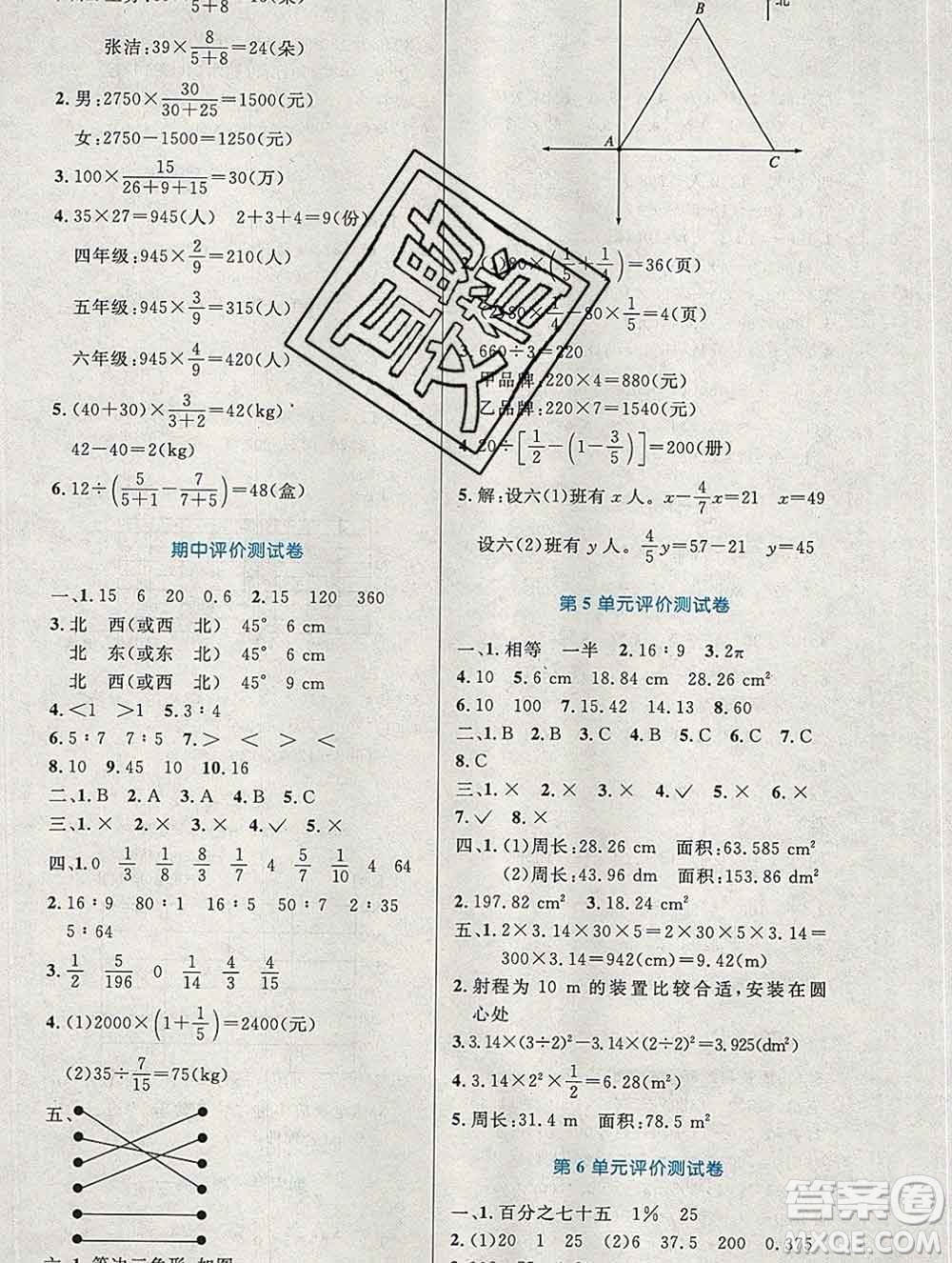 2019年秋新版小學(xué)同步測(cè)控優(yōu)化設(shè)計(jì)六年級(jí)數(shù)學(xué)上冊(cè)人教增強(qiáng)版陜西專版答案