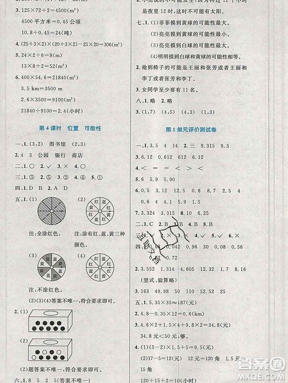 2019年秋新版小學(xué)同步測控優(yōu)化設(shè)計五年級數(shù)學(xué)上冊人教增強版陜西專版答案