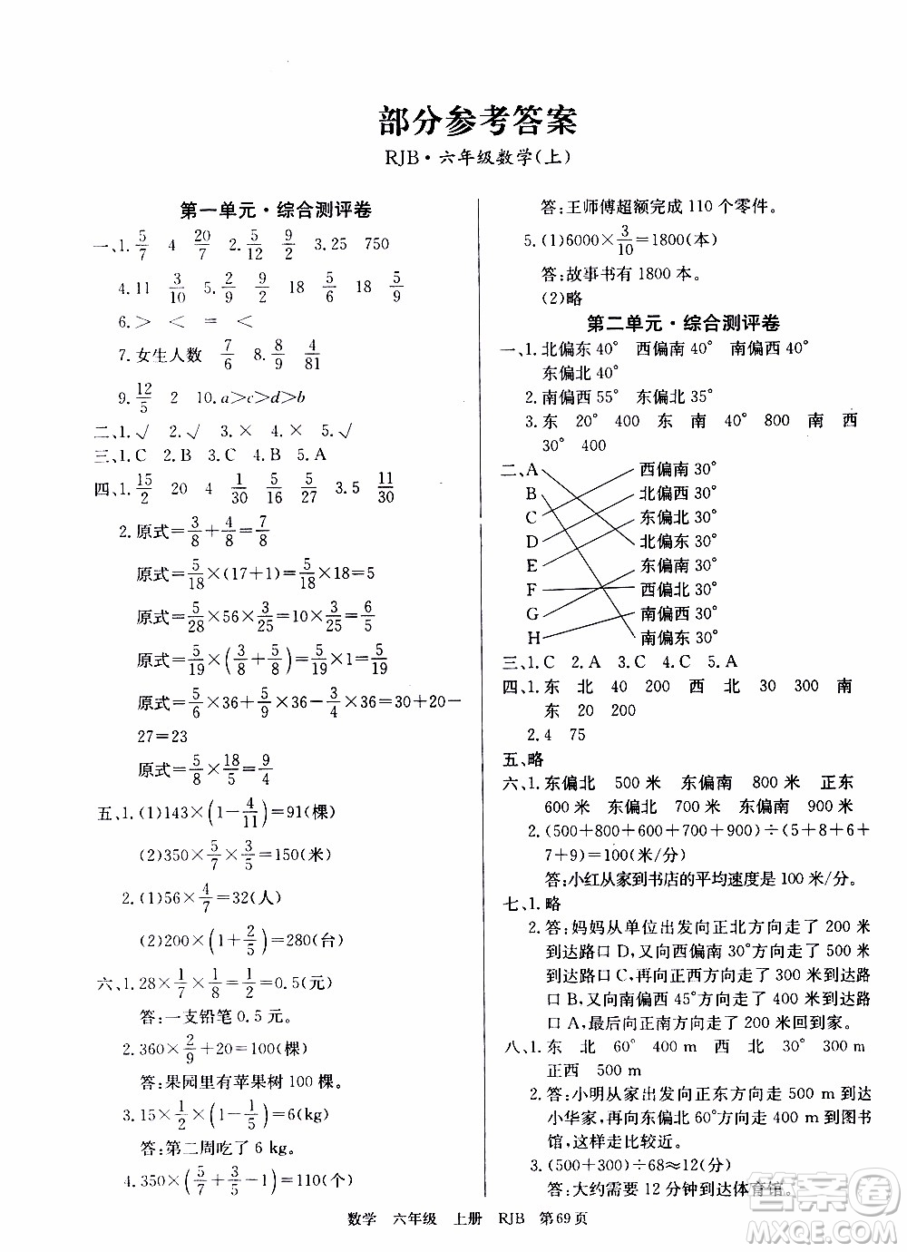 2019年單元測(cè)評(píng)卷數(shù)學(xué)優(yōu)優(yōu)好卷六年級(jí)上冊(cè)人教版參考答案