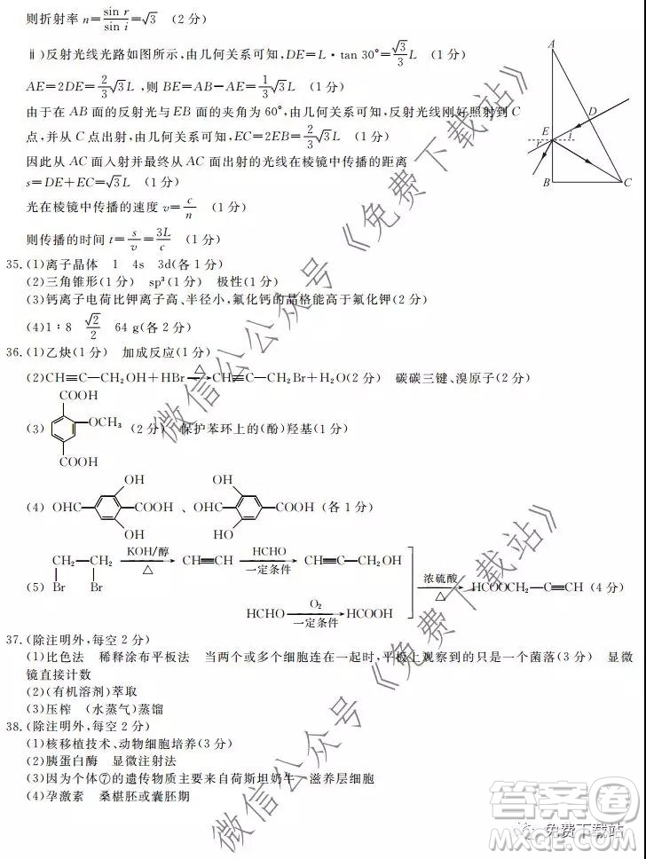 三省三校2019-2020上第二次內(nèi)考卷理科綜合答案