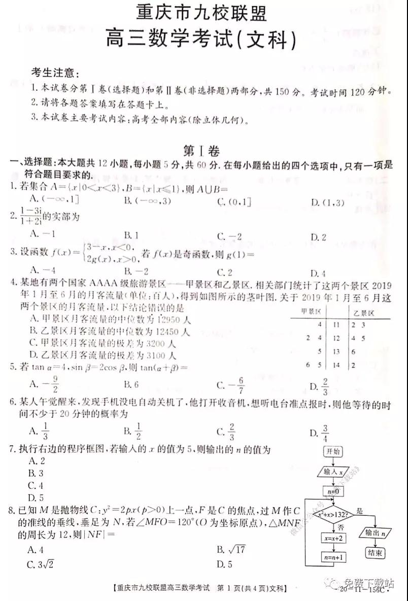 2020屆重慶市九校聯(lián)盟高三文科數(shù)學(xué)考試試題及答案