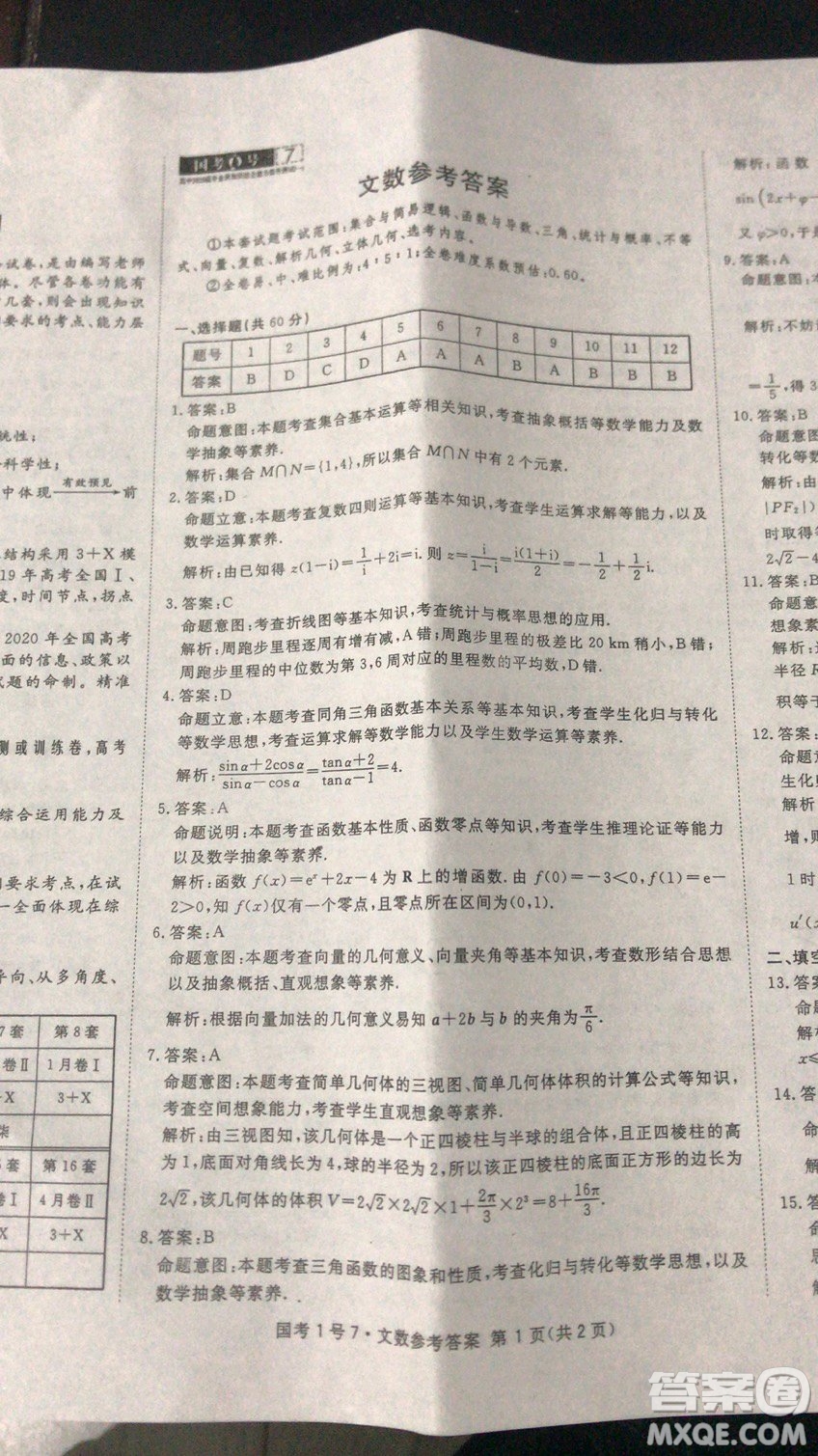 國(guó)考1號(hào)高中2020屆畢業(yè)班基礎(chǔ)知識(shí)滾動(dòng)測(cè)試7文科數(shù)學(xué)答案