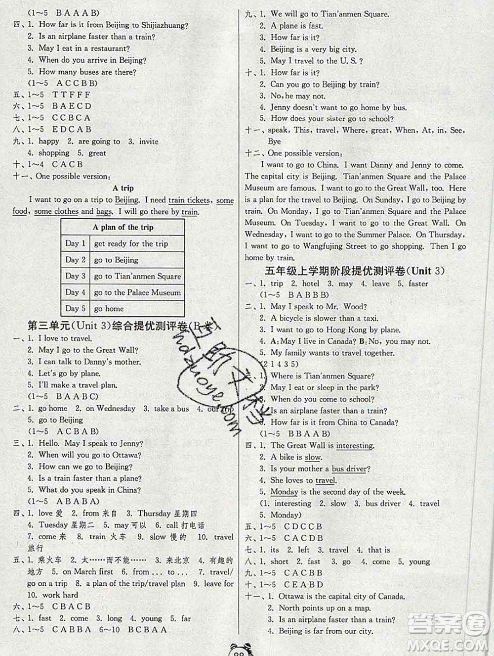 2019新版單元雙測同步達標活頁試卷五年級英語上冊冀教版答案