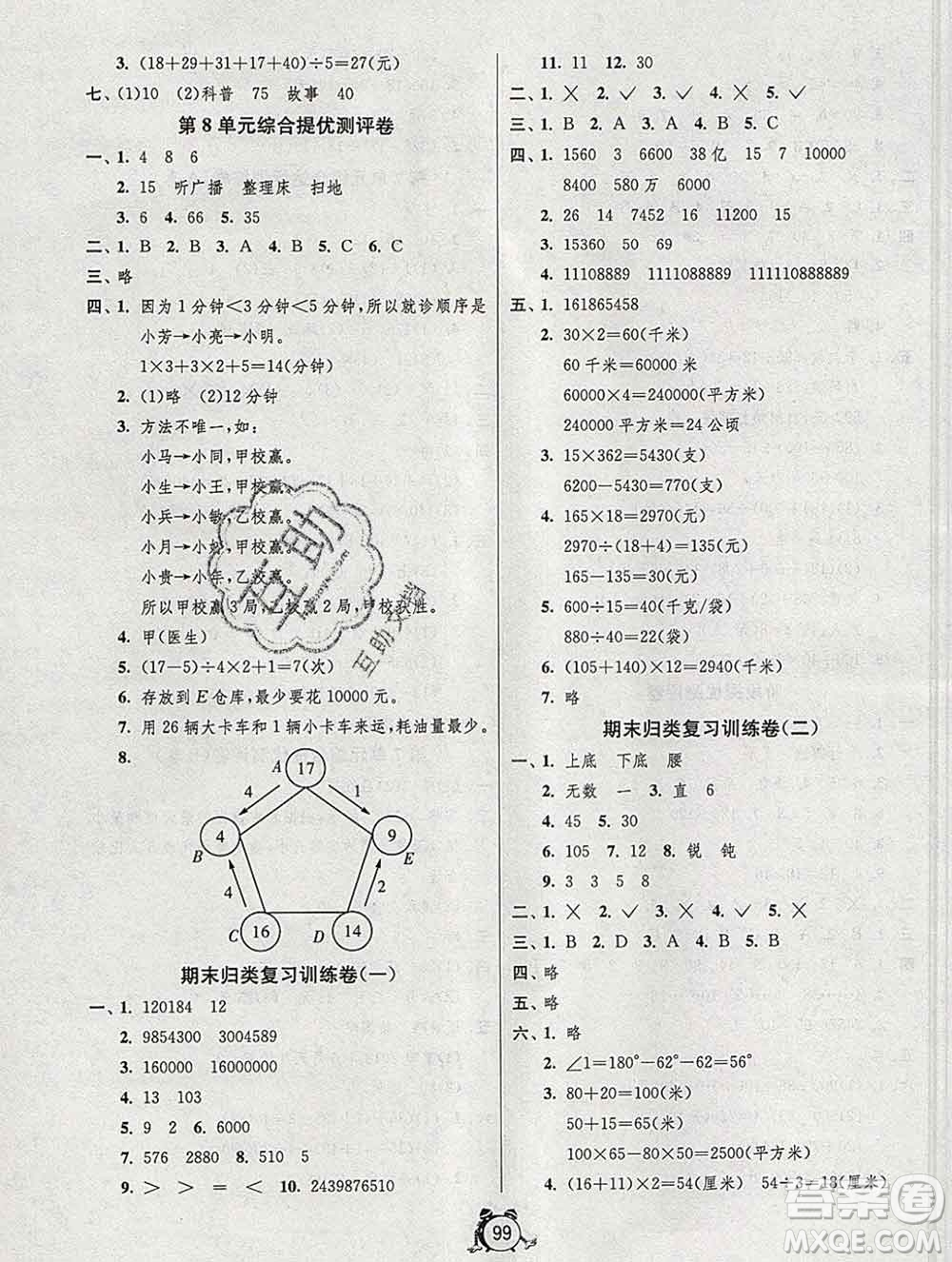 2019新版單元雙測(cè)同步達(dá)標(biāo)活頁(yè)試卷四年級(jí)數(shù)學(xué)上冊(cè)人教版答案