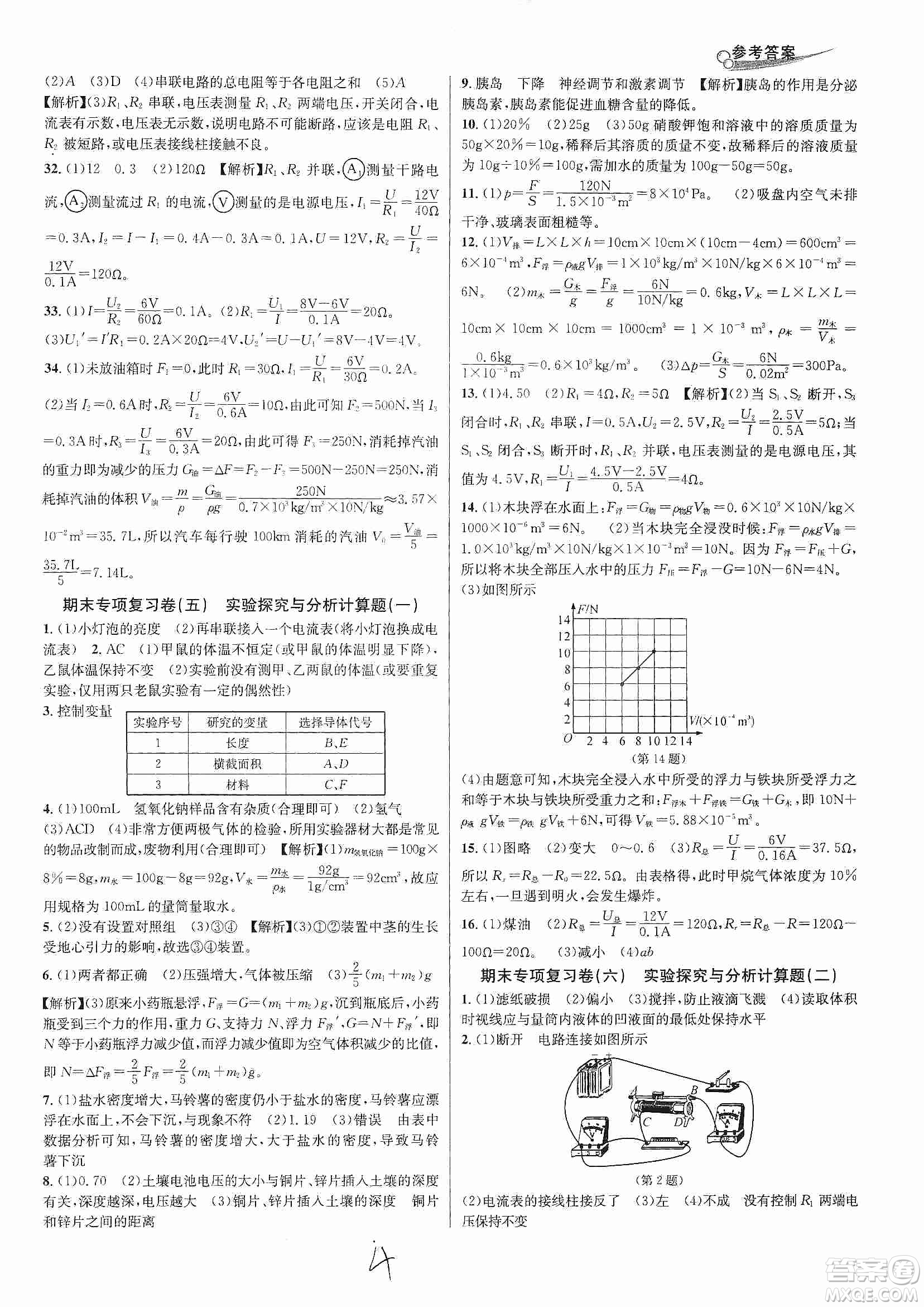 浙江教育出版社2019各地期末名卷精選八年級科學(xué)上冊浙教新課標答案