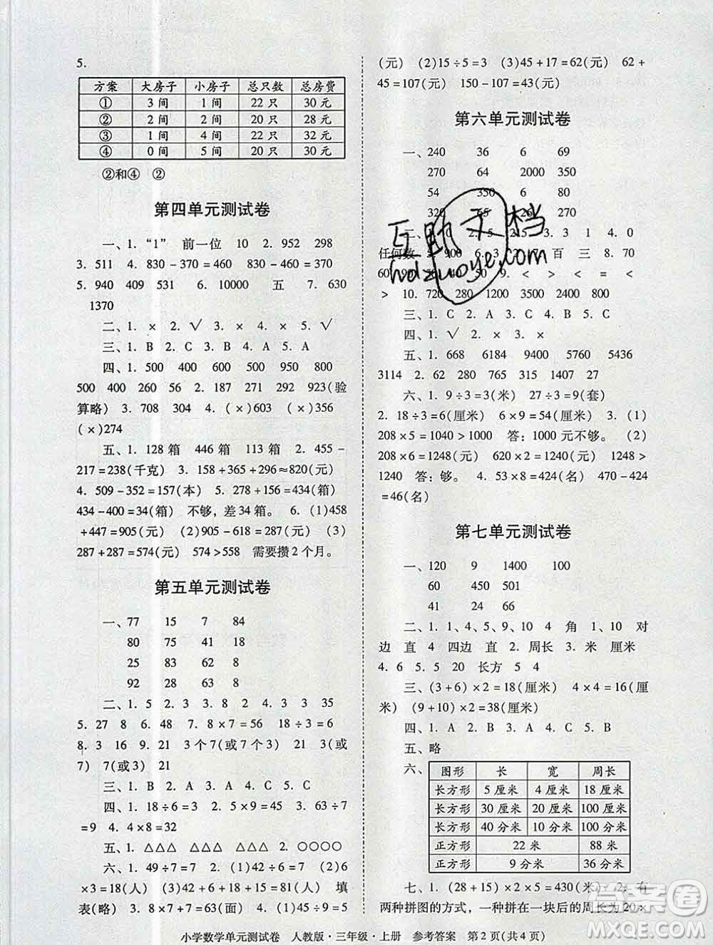 2019秋星晨圖書單元測試卷小學數(shù)學三年級上冊人教版答案