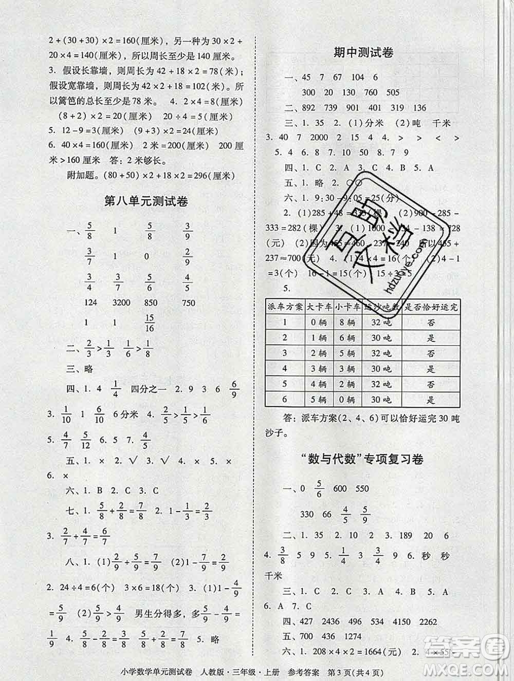 2019秋星晨圖書單元測試卷小學數(shù)學三年級上冊人教版答案