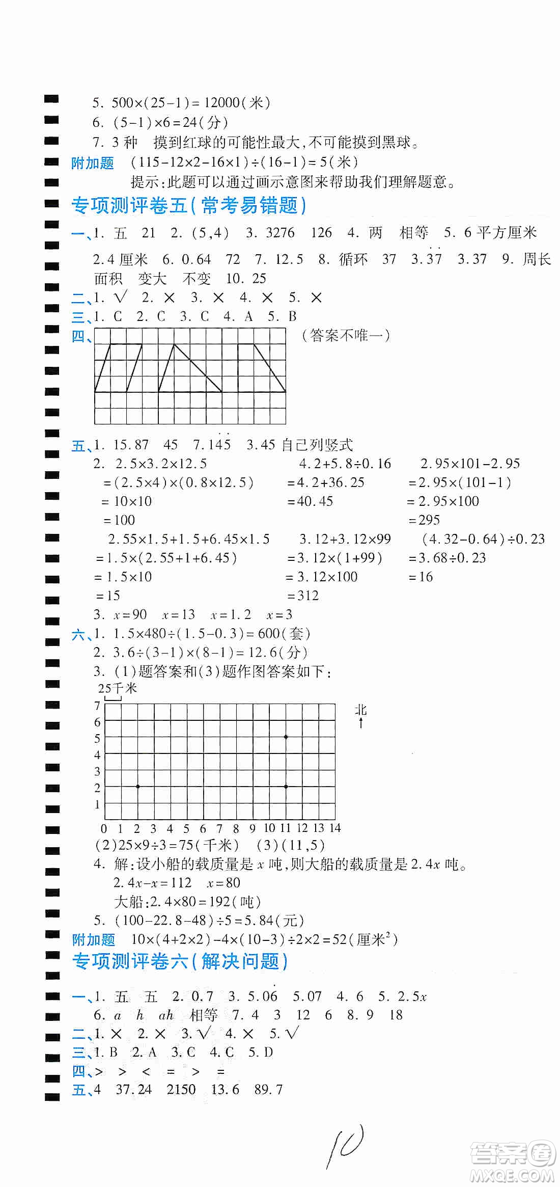 2019期末100分沖刺卷五年級數(shù)學(xué)上冊人教版答案