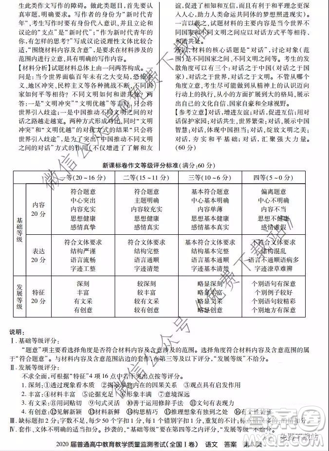 百校聯盟2020屆普通高中教育教學質量監(jiān)測考試全國I卷語文試題及答案