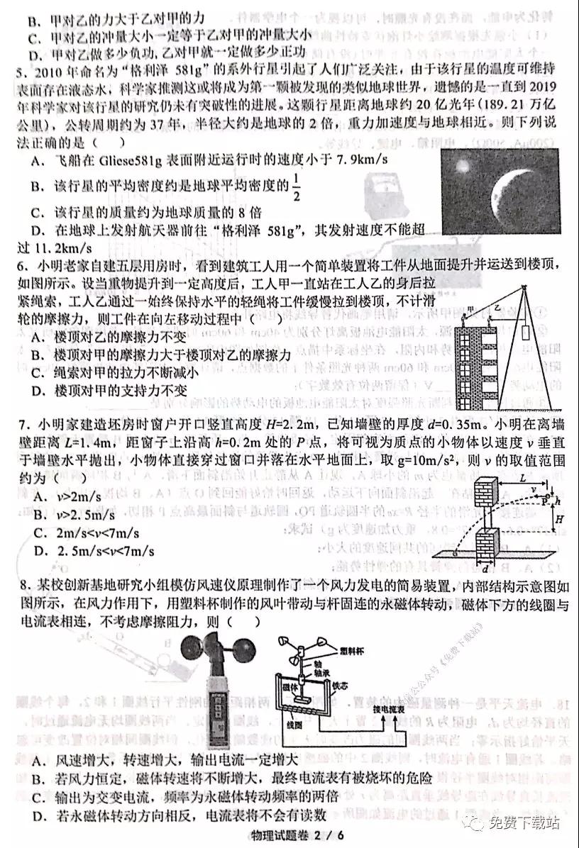 2019年浙江綠色評(píng)價(jià)聯(lián)盟12月聯(lián)考物理試題及答案