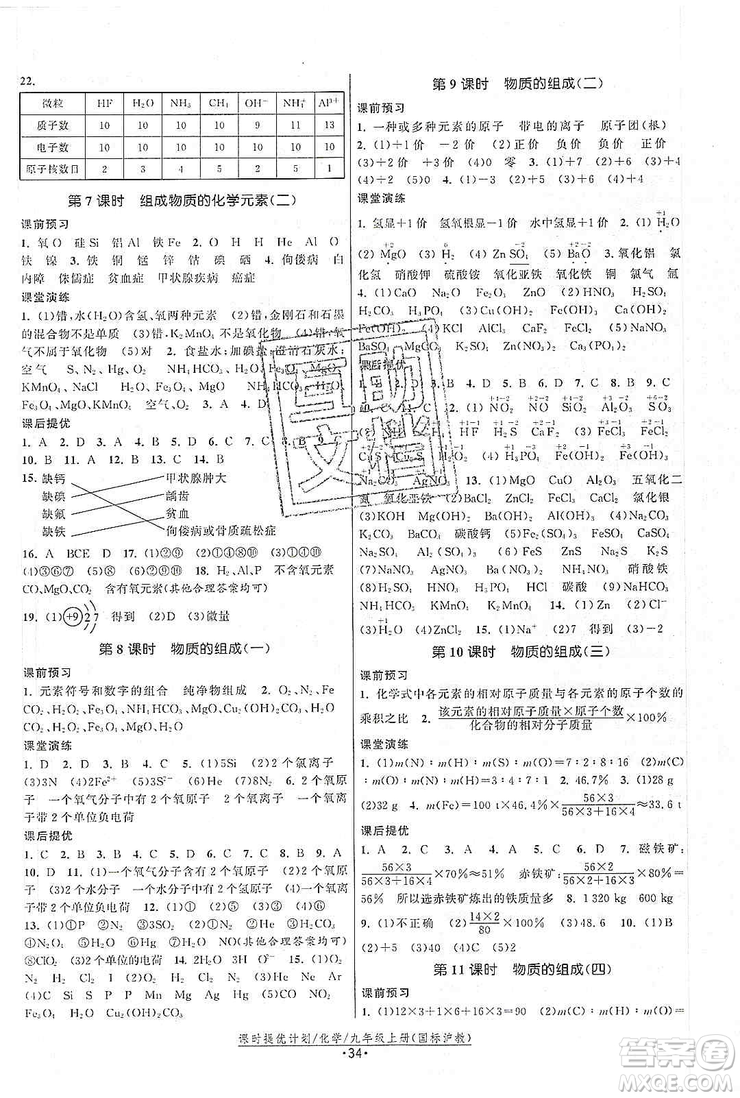 江蘇人民出版社2019課時提優(yōu)計劃作業(yè)本九年級化學(xué)上冊滬教版答案