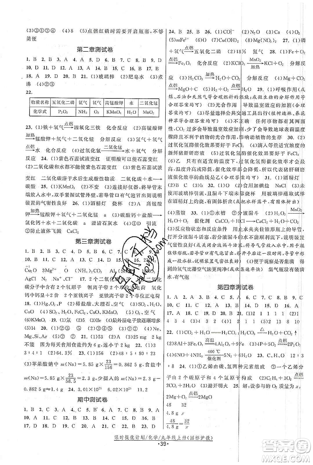 江蘇人民出版社2019課時提優(yōu)計劃作業(yè)本九年級化學(xué)上冊滬教版答案