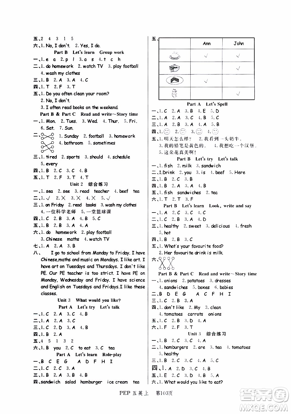 2019年小狀元沖刺100分隨堂手冊(cè)英語(yǔ)五年級(jí)上冊(cè)PEP人教版參考答案