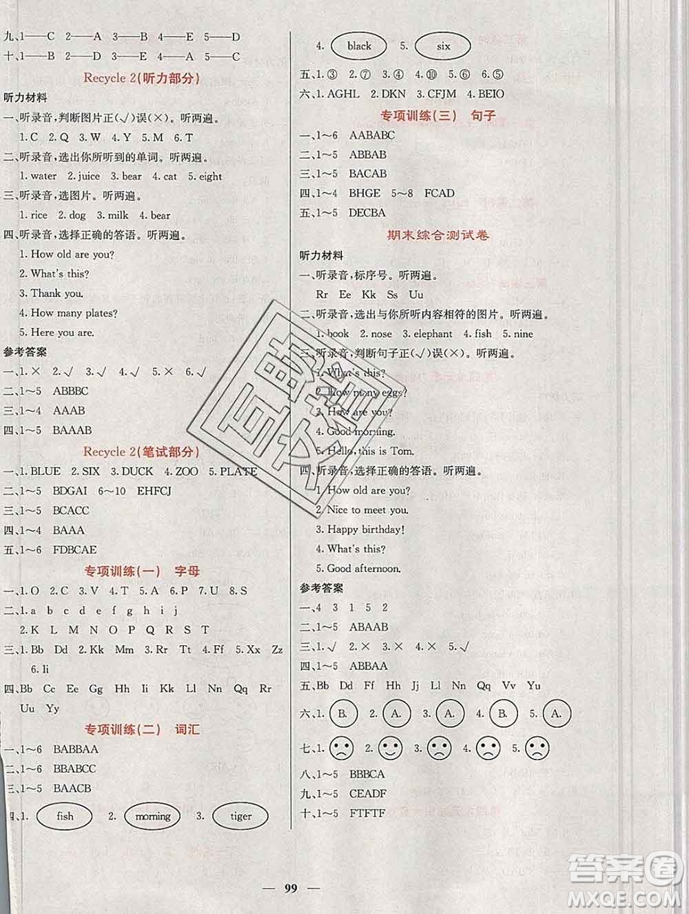 沈陽出版社2019年秋課堂點睛三年級英語上冊人教版參考答案