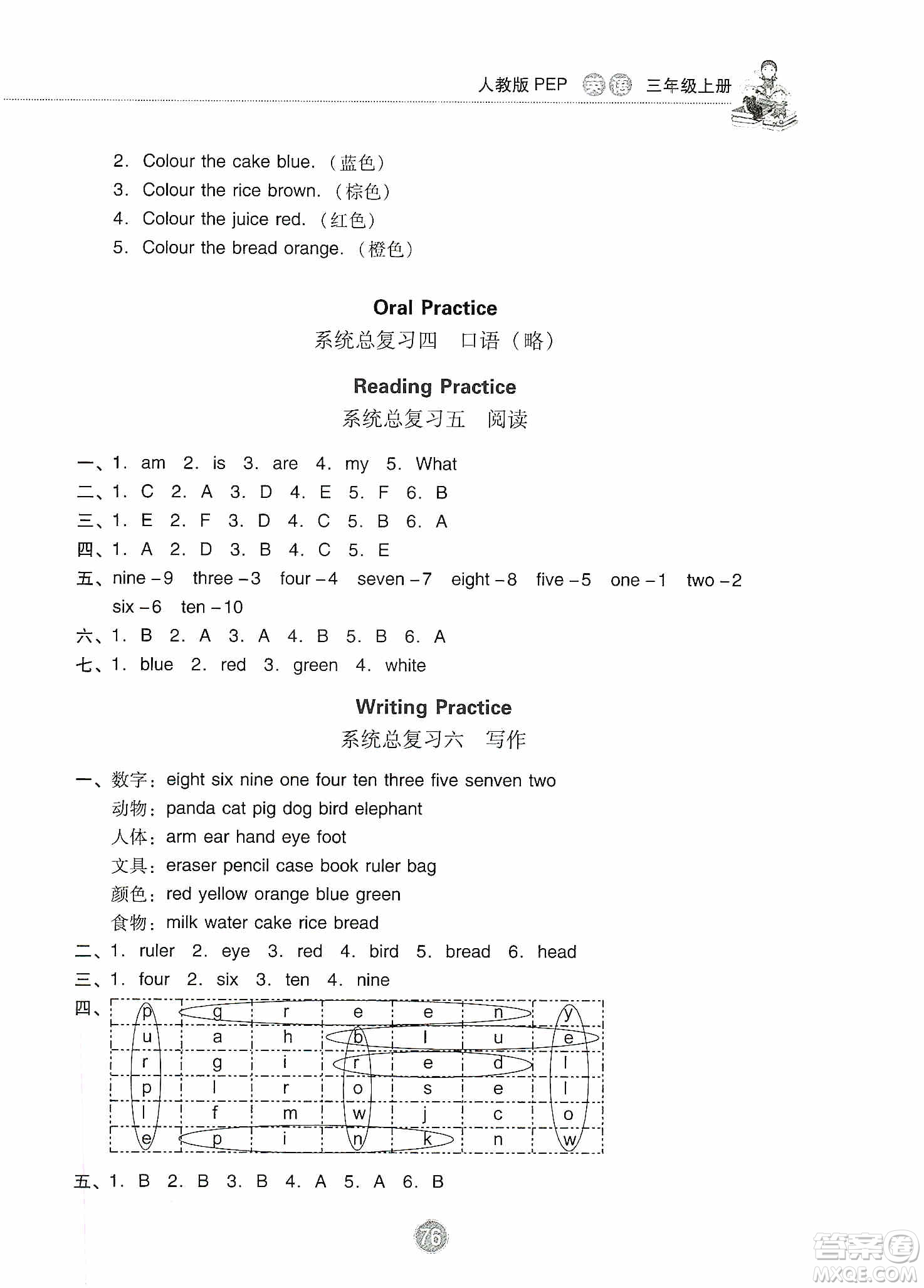 提優(yōu)試卷2019單元檢測卷及系統(tǒng)總復(fù)習(xí)三年級英語上冊人教PEP版答案