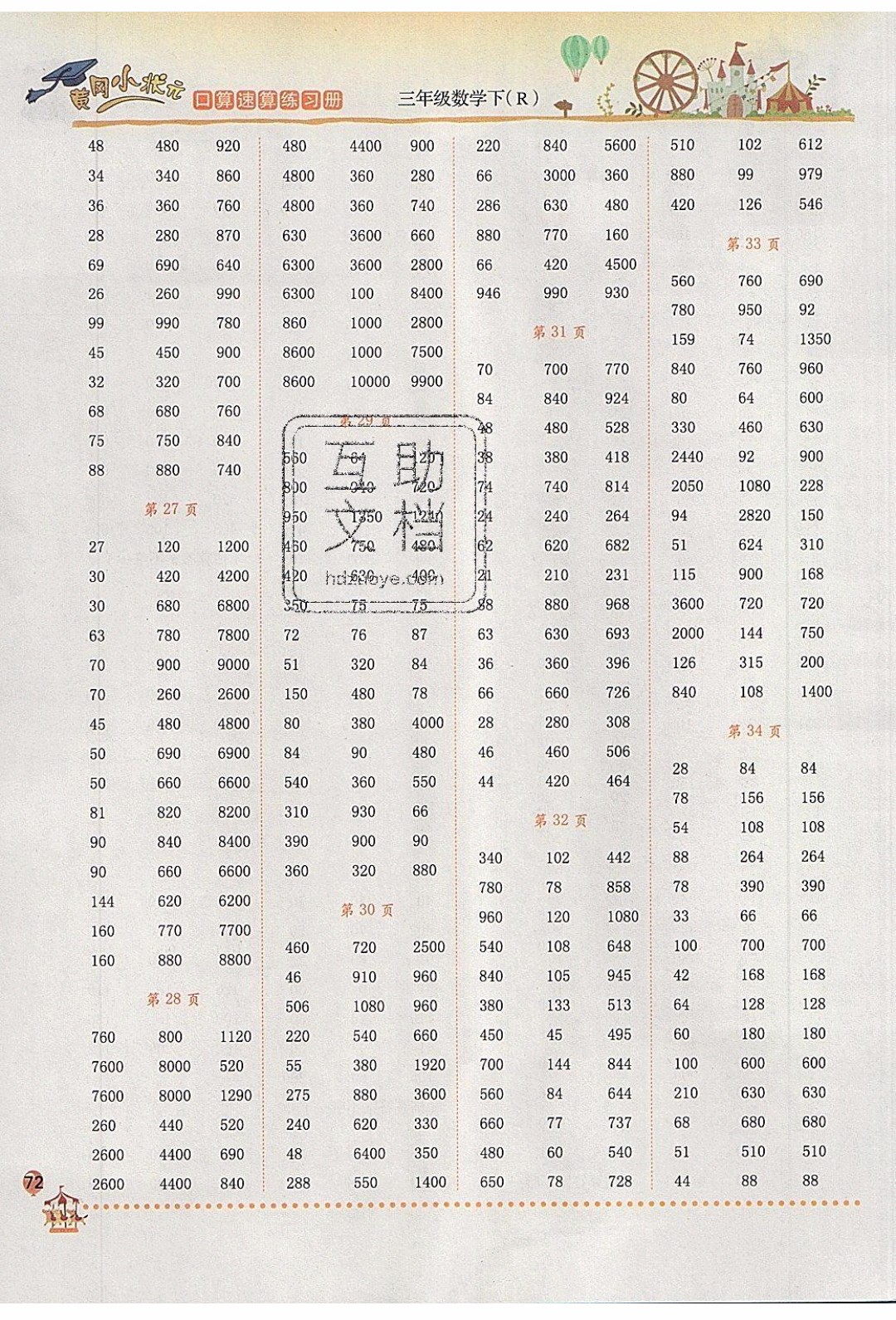 2020年春黃岡小狀元口算速算練習(xí)冊(cè)三年級(jí)數(shù)學(xué)下冊(cè)最新修訂版參考答案