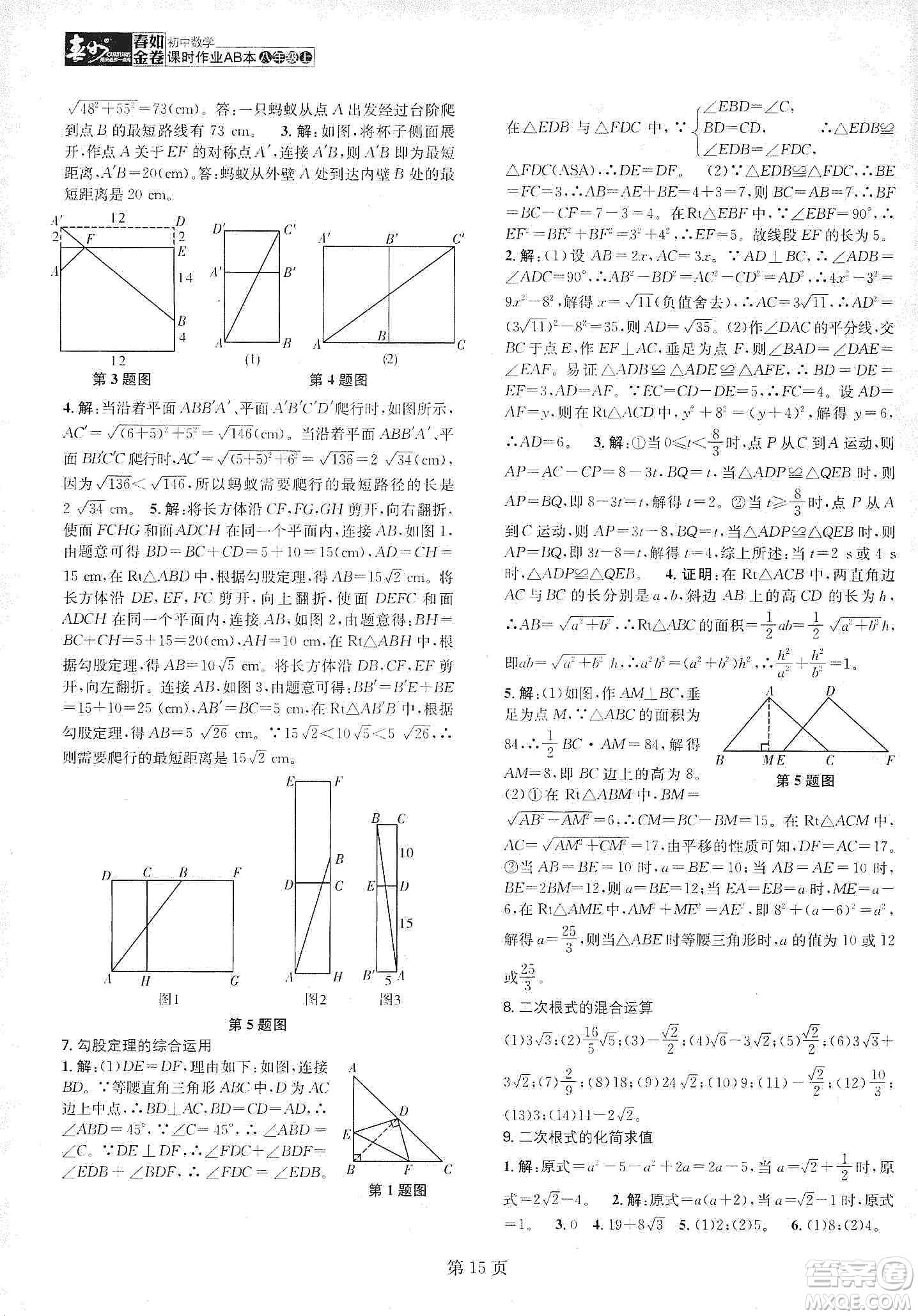 春如金卷2019初中數(shù)學(xué)課時作業(yè)AB本C本八年級上冊答案