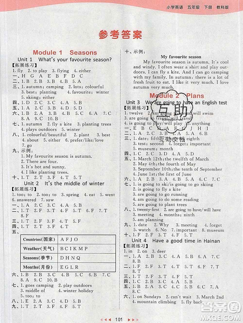 2020年春小兒郎53天天練五年級(jí)英語下冊(cè)教科版廣州專用參考答案