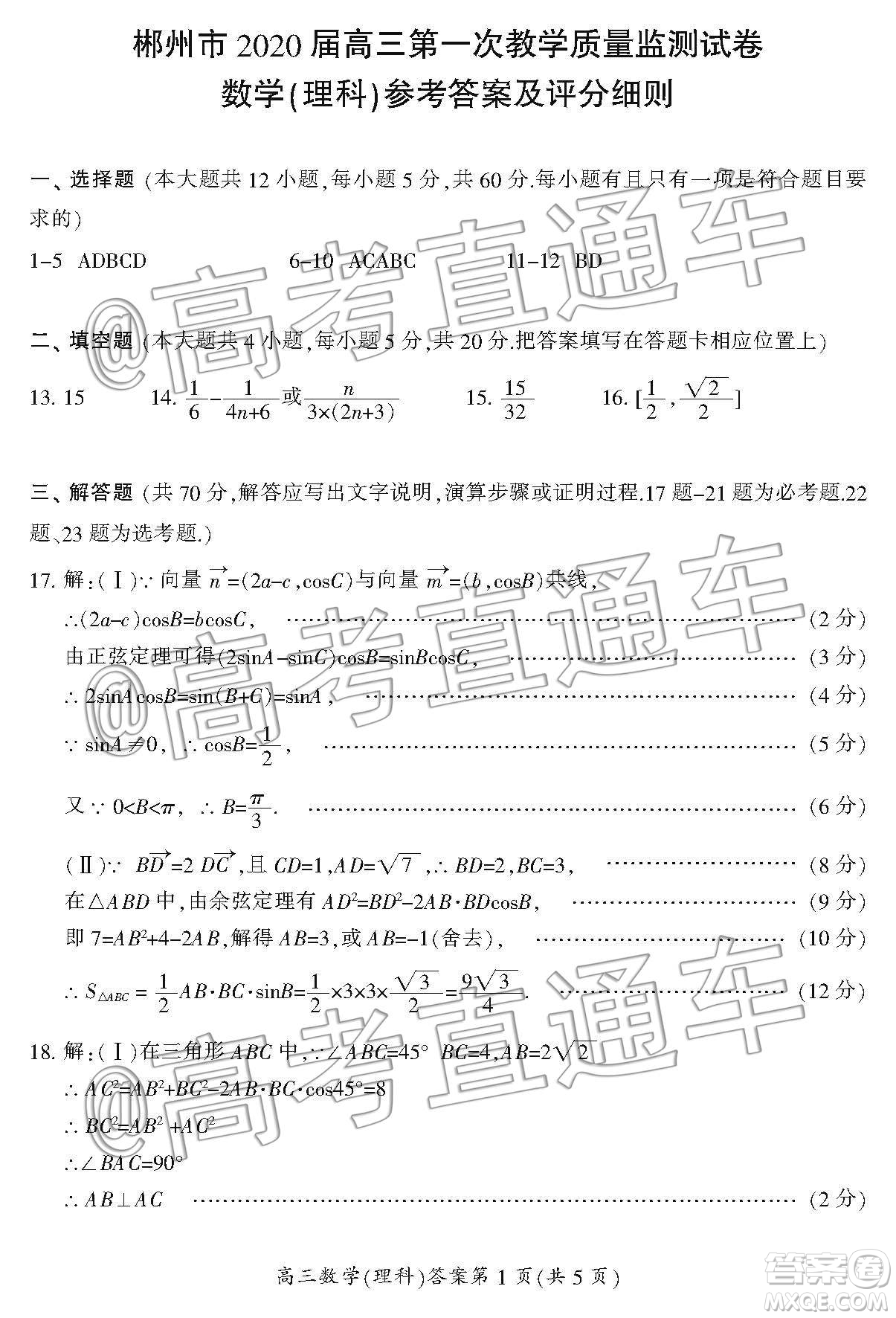 湖南省郴州市2020屆高三第一次教學(xué)質(zhì)量監(jiān)測(cè)試卷理科數(shù)學(xué)答案