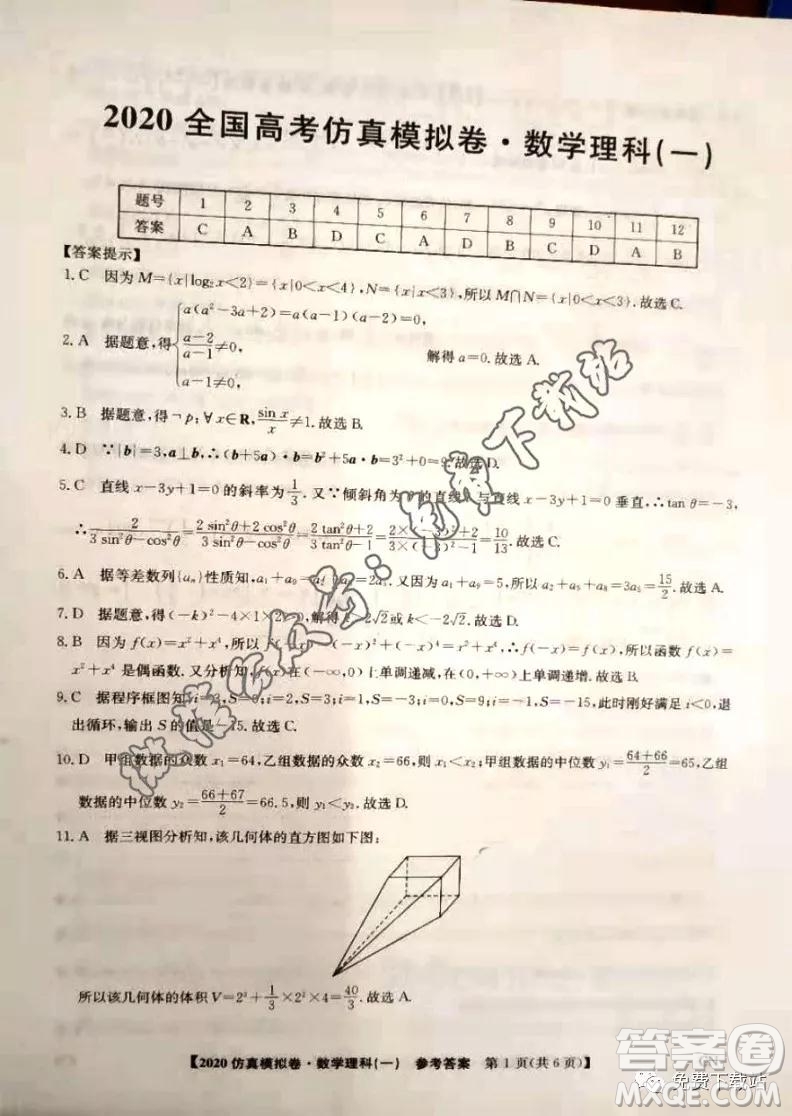 2020年全國高考仿真模擬試題一理科數(shù)學試題及答案