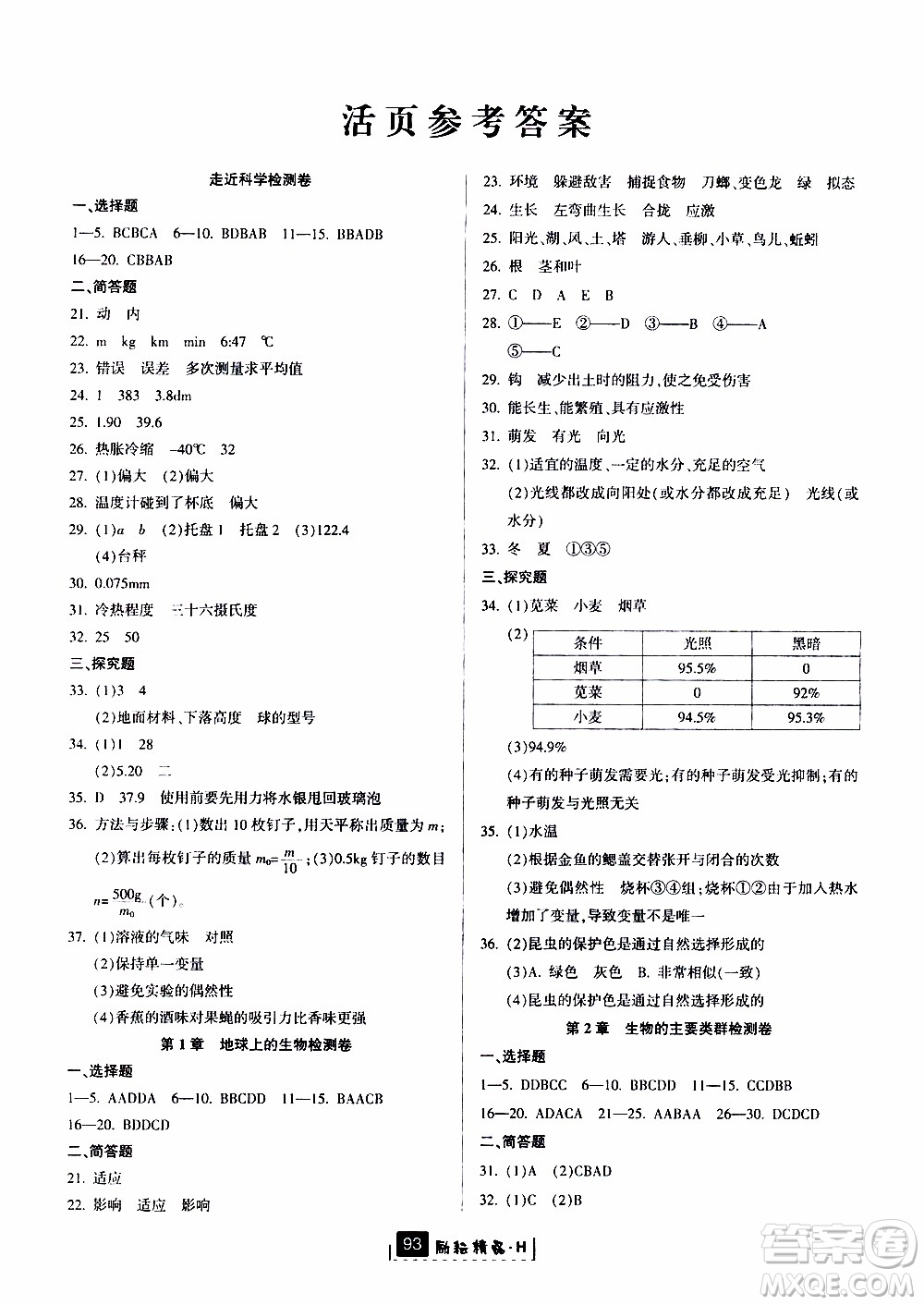 勵(lì)耘書業(yè)2019版勵(lì)耘新同步科學(xué)七年級(jí)上冊(cè)華師大版參考答案