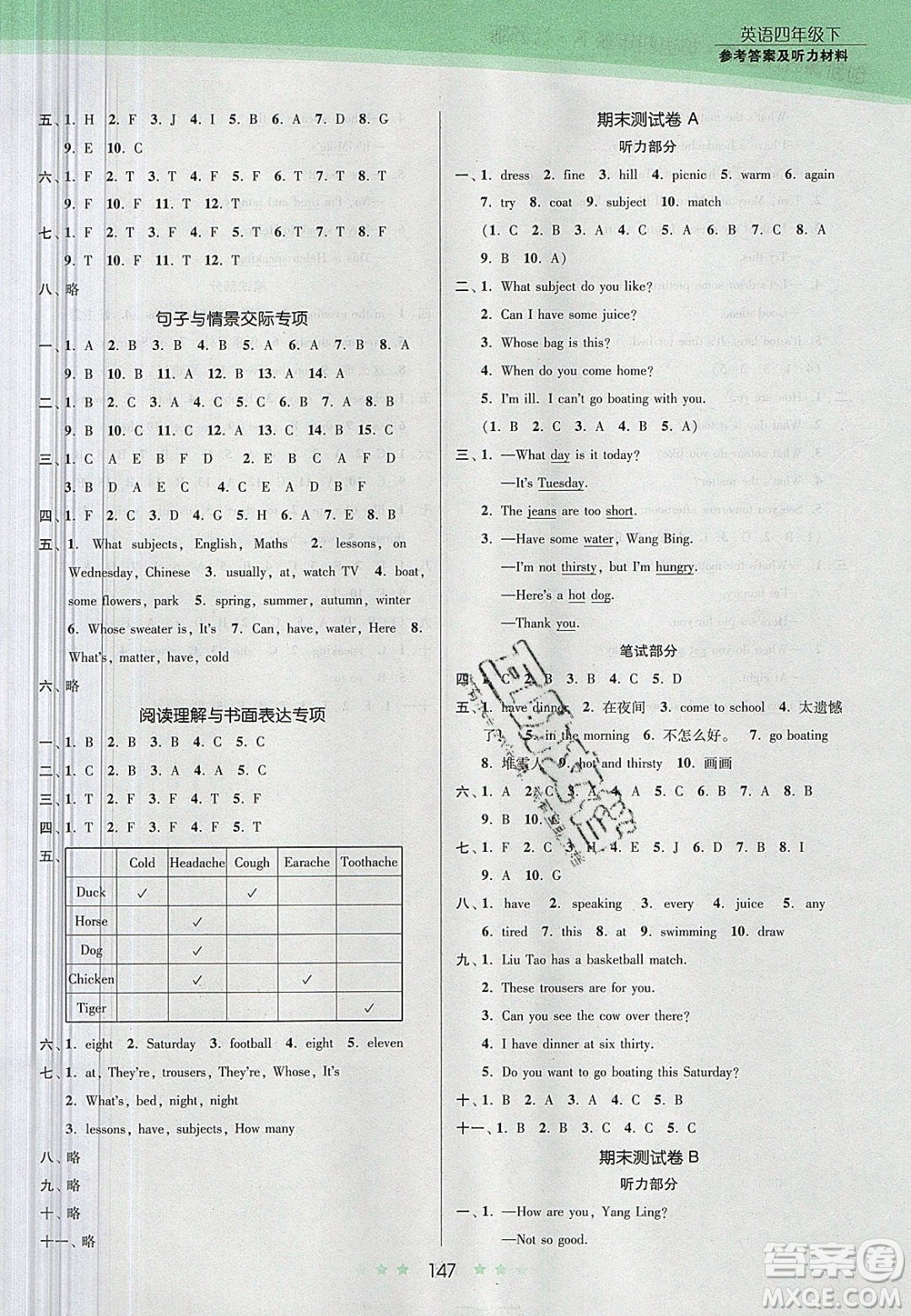 江蘇鳳凰美術(shù)出版社2020創(chuàng)新課時(shí)作業(yè)本英語(yǔ)四年級(jí)下冊(cè)江蘇版答案