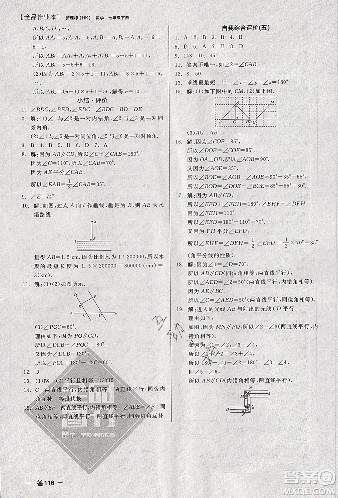 陽(yáng)光出版社2020年全品作業(yè)本數(shù)學(xué)七年級(jí)下冊(cè)滬科版參考答案