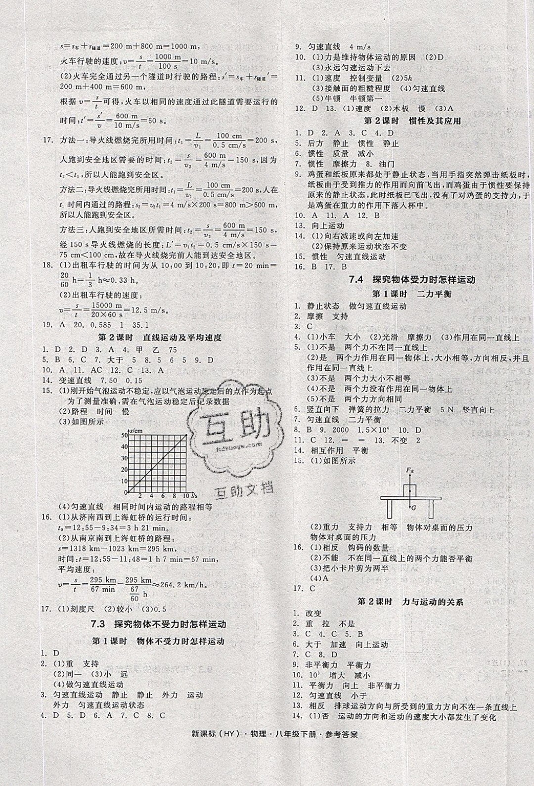 陽光出版社2020年全品作業(yè)本物理八年級下冊新課標(biāo)HY滬粵版參考答案