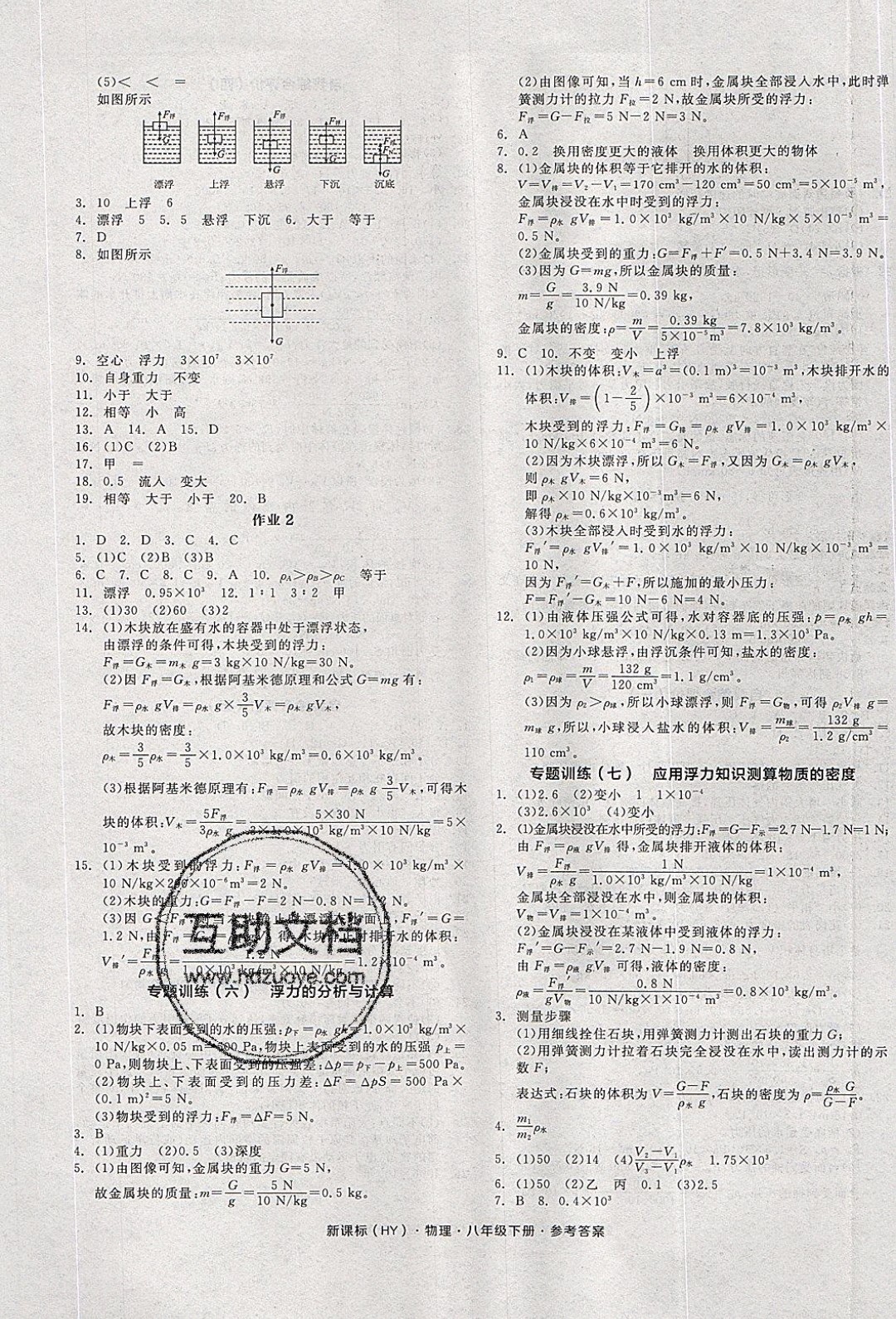 陽光出版社2020年全品作業(yè)本物理八年級下冊新課標(biāo)HY滬粵版參考答案