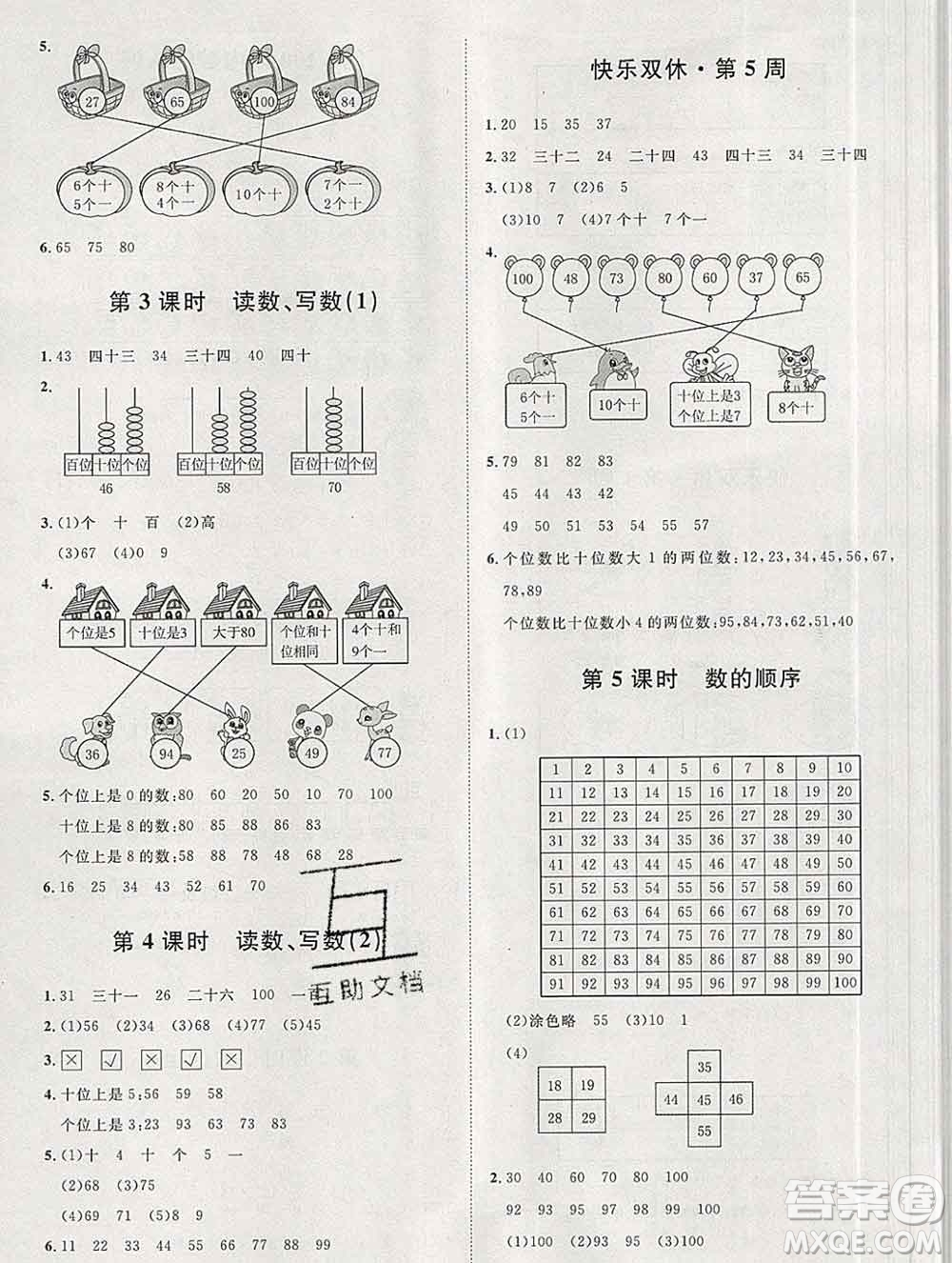 中國(guó)原子能出版社2020春季陽(yáng)光計(jì)劃第一步一年級(jí)數(shù)學(xué)下冊(cè)人教版答案