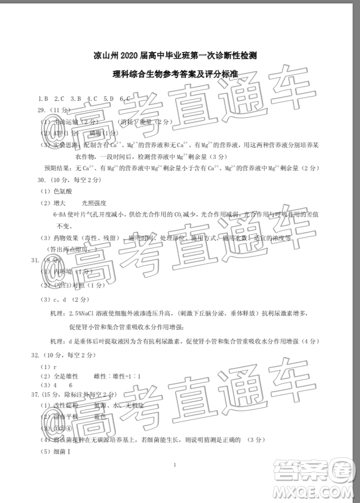 涼山州2020屆高中畢業(yè)班第一次診斷性檢測理科綜合生物試題答案