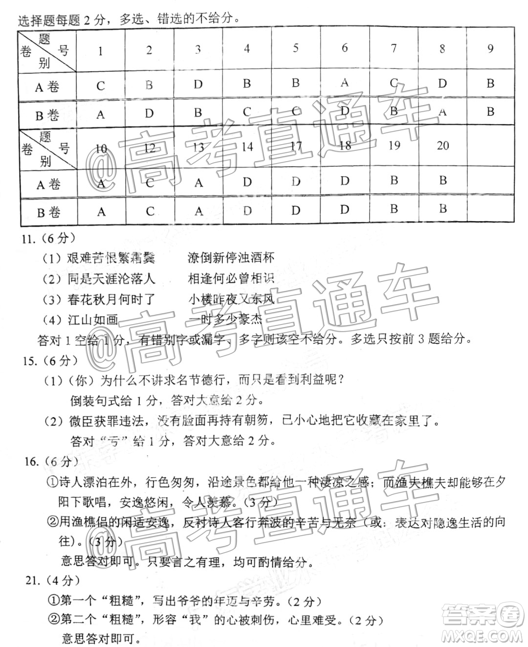 2019年12月廣東高中學(xué)業(yè)水平考試語文真題答案