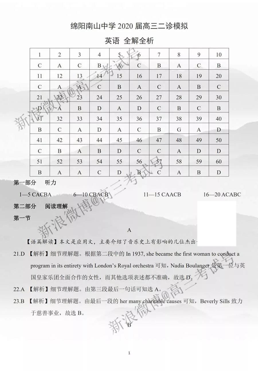 綿陽南山中學(xué)2020屆高三二診模擬考試英語答案