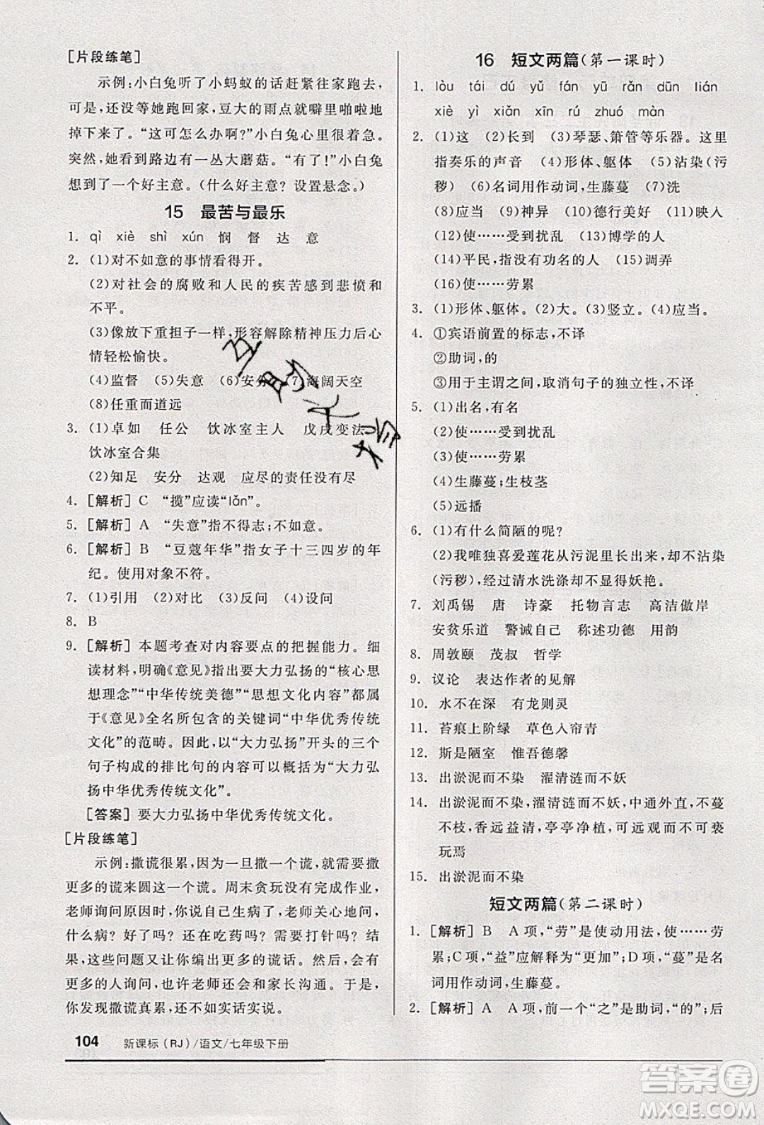 2020年全品基礎(chǔ)小練習(xí)語文七年級下冊人教版參考答案