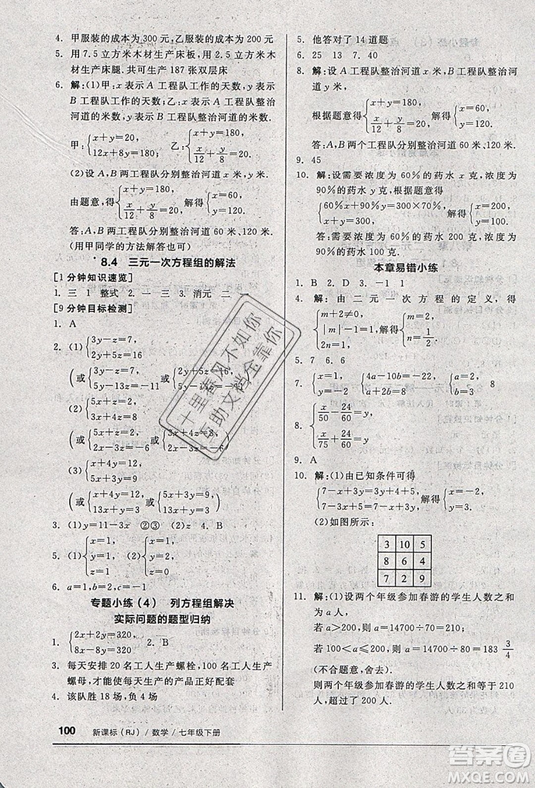 2020年全品基礎(chǔ)小練習(xí)數(shù)學(xué)七年級(jí)下冊(cè)人教版參考答案