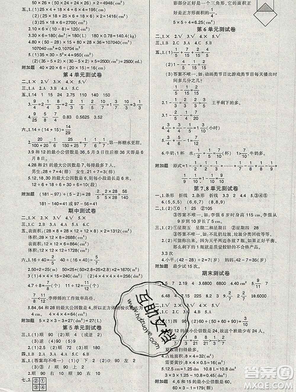 武漢出版社2020創(chuàng)優(yōu)作業(yè)100分導學案數學人教版五年級下冊參考答案