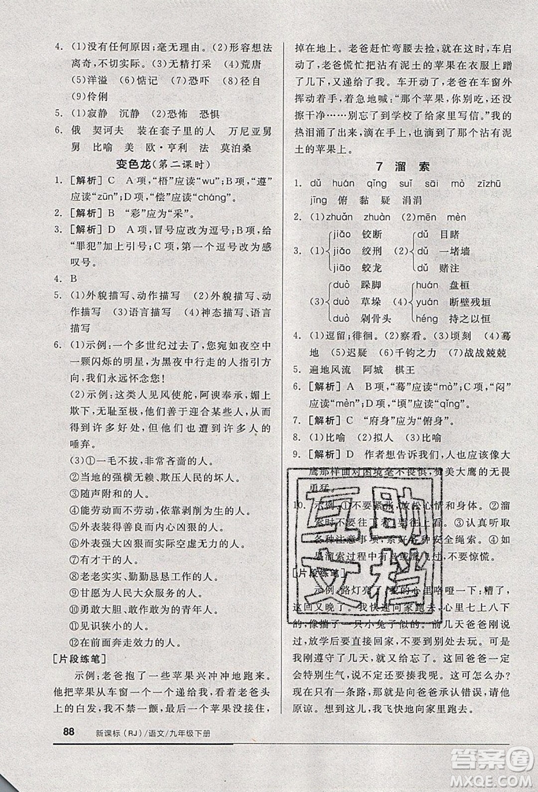 陽光出版社2020年全品基礎(chǔ)小練習(xí)語文九年級(jí)下冊(cè)人教版參考答案