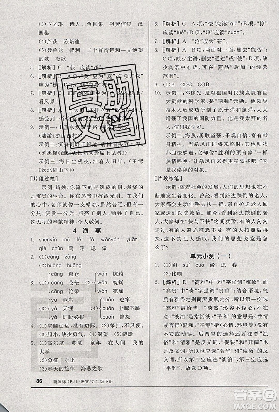 陽光出版社2020年全品基礎(chǔ)小練習(xí)語文九年級(jí)下冊(cè)人教版參考答案