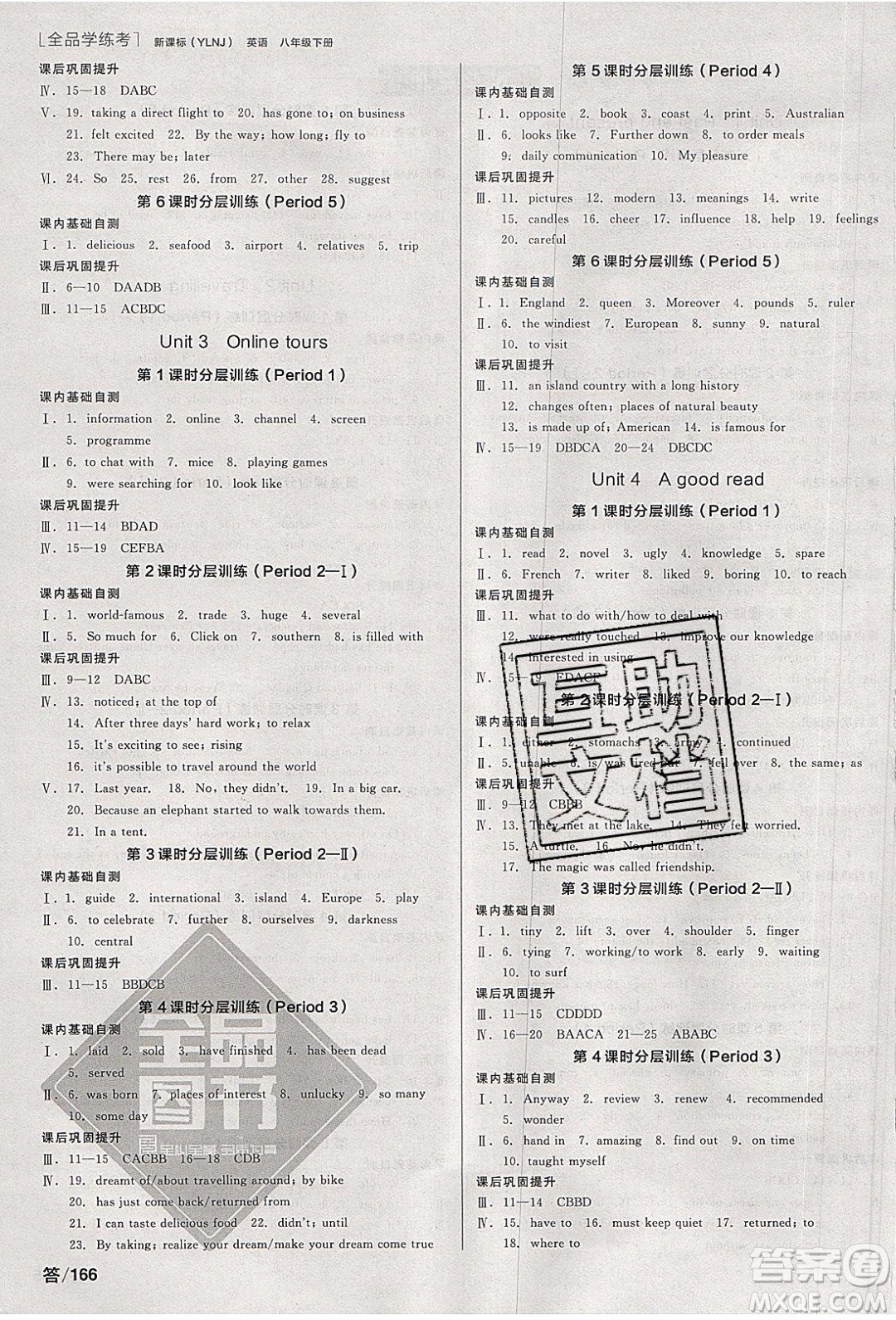 陽(yáng)光出版社2020年全品學(xué)練考英語(yǔ)八年級(jí)下冊(cè)新課標(biāo)YLNJ譯林牛津版答案