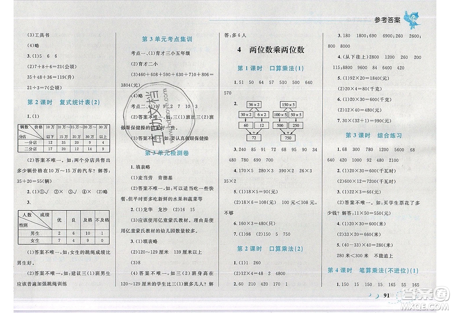 2020春小學學考優(yōu)化設計小超人作業(yè)本數(shù)學三年級下冊人教版答案