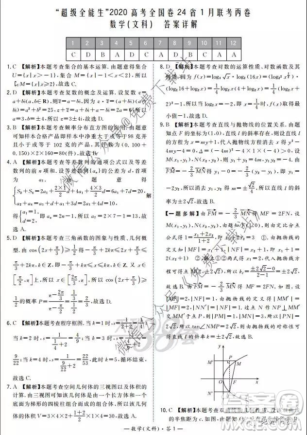 超級(jí)全能生2020高考全國(guó)卷24省1月聯(lián)考丙卷文科數(shù)學(xué)答案